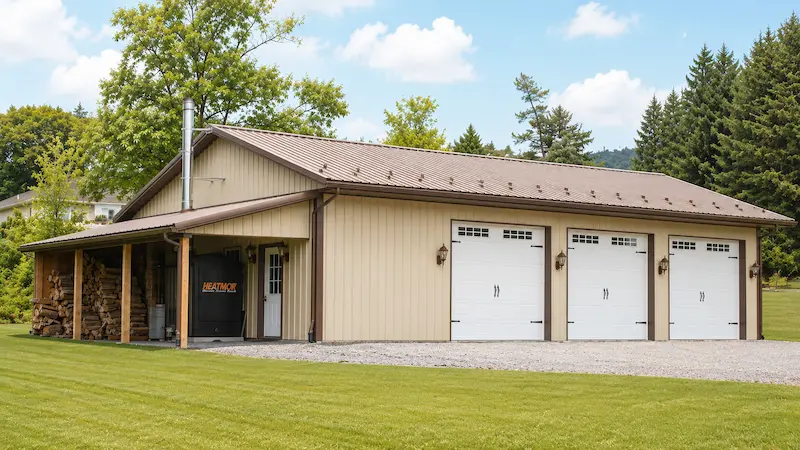 Pole Building Storage for Boats and ATV 32x48 light stone pole barn with brown roof and trim, 3 carriage-style garage doors, lean-to with enclosed wall, and cantilever