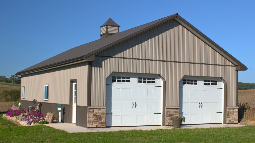 28x48 Residential Pole Garage with Stone Front and Cupola