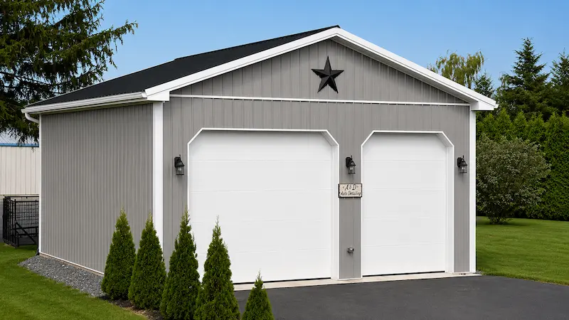 26x28 residential pole building with pewter gray siding black roof flush panel insulated garage doors and white trim