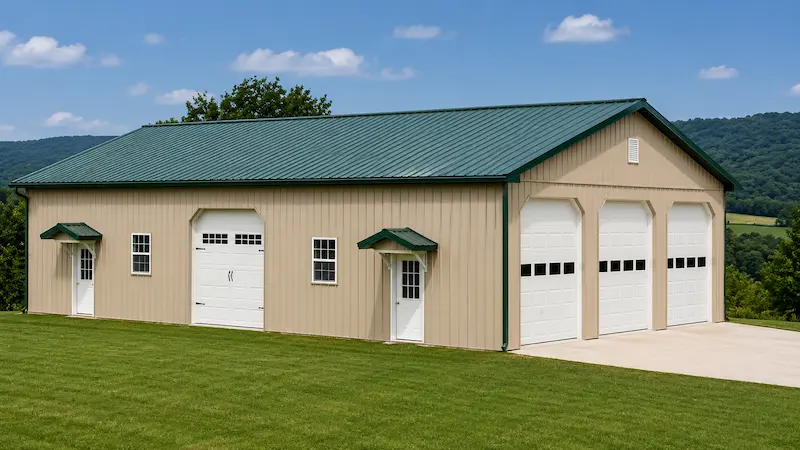 40x60 tan pole barn with evergreen roof, carriage and raised panel garage doors, entry doors with awnings, and gutters
