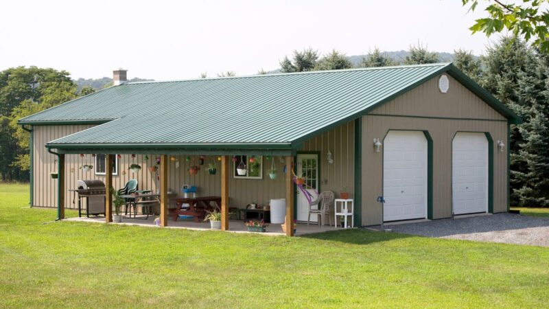 112-30′ x 50′ Clay Pole Building with Evergreen Roof and Lean-To 30x50 clay pole barn with evergreen roof and trim, 8x32 lean-to, garage doors, entry door, and windows