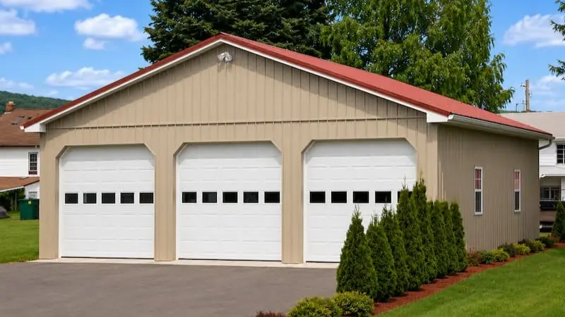 36x40 residential pole building with clay walls red roof insulated garage doors and white soffit trim