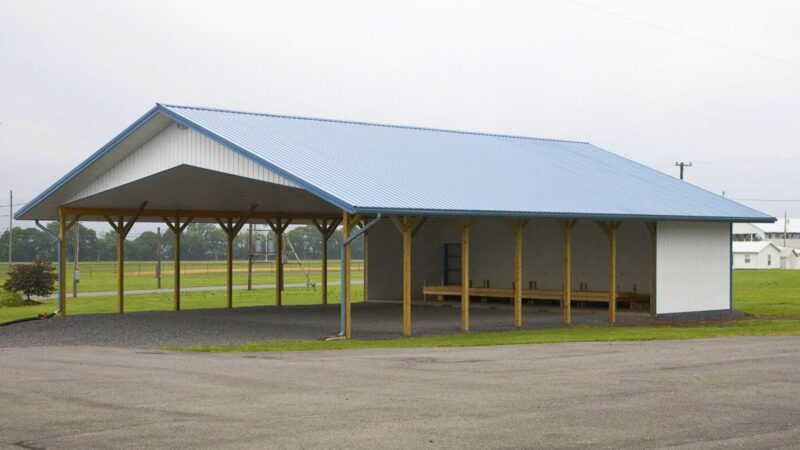 144-48′ x 64′ Open Pavilion with 16′ x 32′ Entertainment Stage Open pavilion with entertainment stage and vinyl ceiling