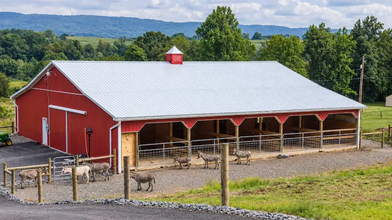 40x64 agricultural barn with lean to, Scarlet Red siding and Bright White roof
