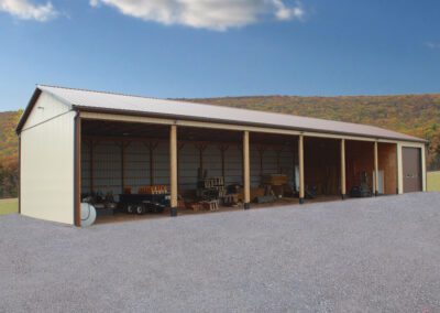 Agricultural pole barn with 7 bays, tan siding and brown roof