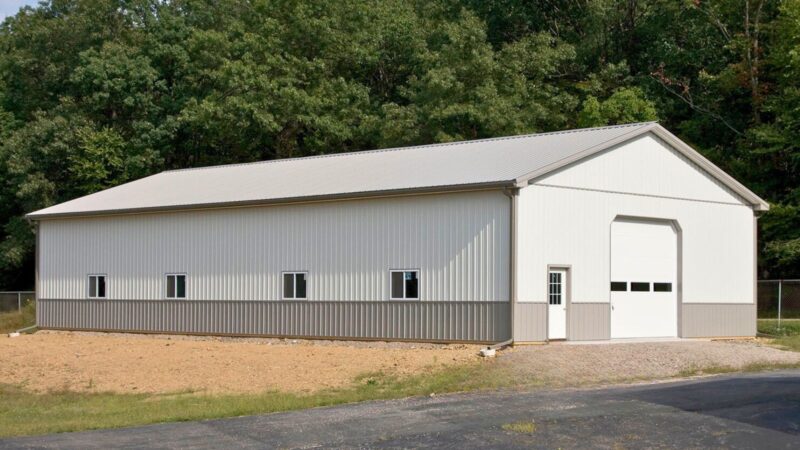 40x80 Bone White Agricultural Pole Barn with Garage Doors and Wainscoting