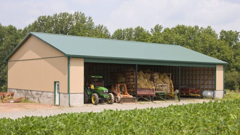 50x70 Tan Agricultural Pole Barn with Block Foundation, Evergreen Roof and Trim