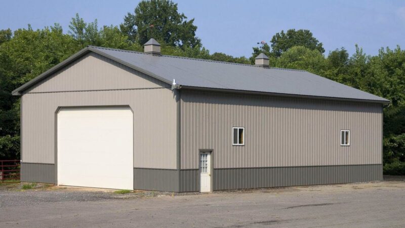 40x60 Pewter Gray Agricultural Pole Barn with Garage Door and Cupolas