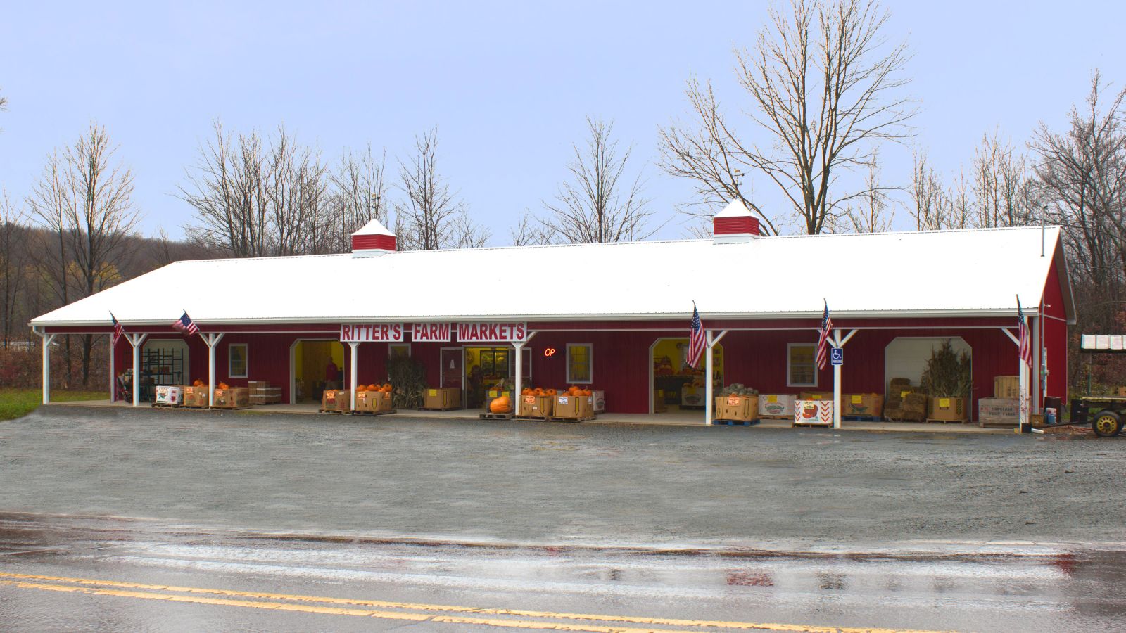 307-40x116 Agricultural Barn with Lean-To & Cupolas 40x116 Scarlet Red Pole Barn with White Trim, Lean-To, Cupolas, and Insulated Doors