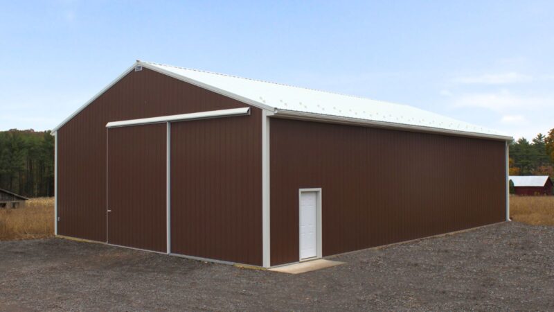 40x60 Brown Agricultural Barn with Sliding Door, Bone White Roof, and Trim