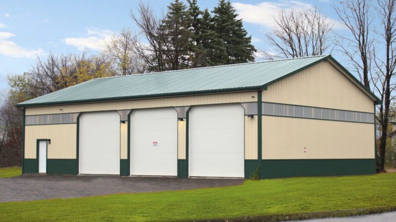 40x60 Beige Agricultural Barn with 3 Garage Doors and Evergreen Roof