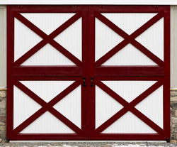 red and white sliding door with crossbucks