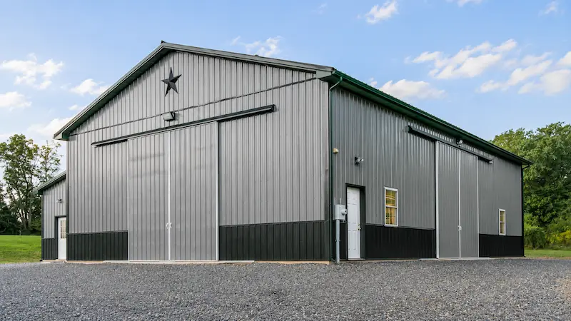 313-40x60 Ag Barn + 20x30 Lean-To with Split Sliders (1) 40x60 Agricultural Barn with 20x30 Lean-To, Charcoal Siding and Black Roof
