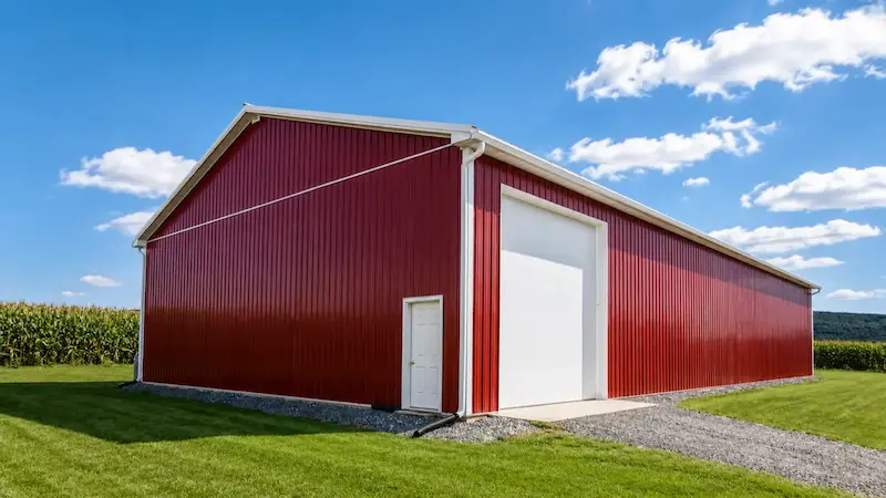 50x96 Farm Machinery Storage Building – Front Left View (1) 50x96 farm machinery storage building with Barn Red siding and large overhead door