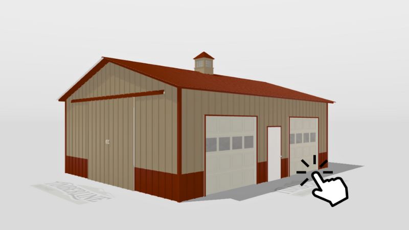 24x32 clay pole building with red roof and sliding door