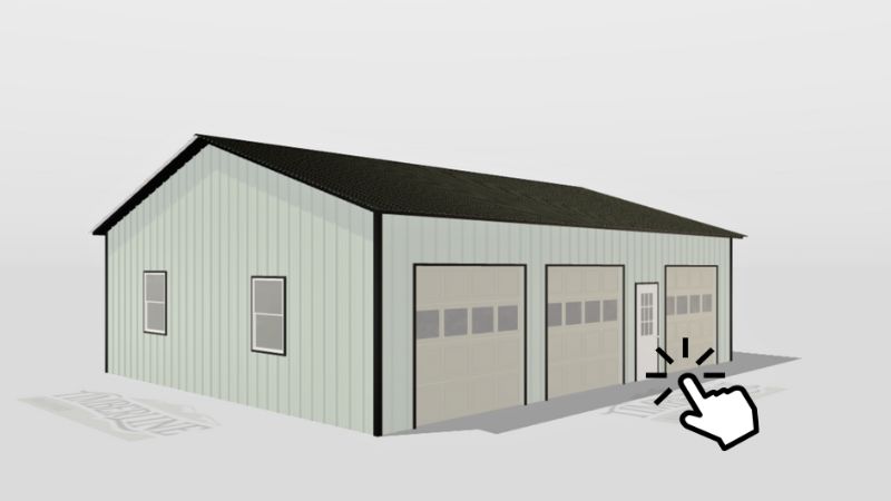 30x40 bone white pole building with black roof and trim, featuring 3 garage doors with windows