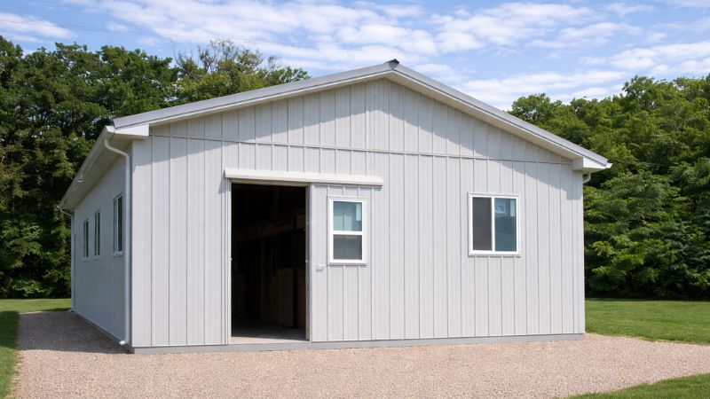 Compact equine shelter with feed stalls and sliding doors in bone white and ash gray