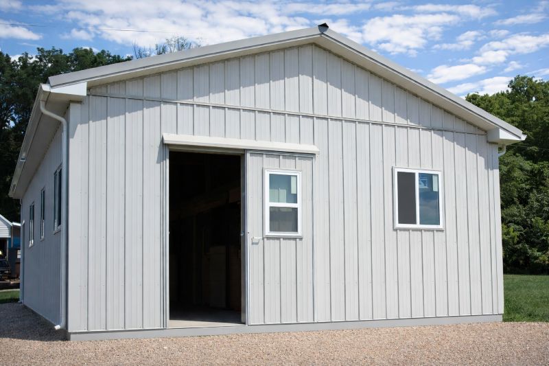 212-Compact Equine Shelter with Stall Feed Access – 24×32 Horse Barn Compact equine shelter with feed stalls and sliding doors in bone white and ash gray