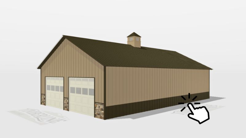 28x48 clay pole barn with bronze roof and trim, two-tone walls, Versetta Stone front, carriage style garage doors, multiple entry doors, sliding windows, and cupola