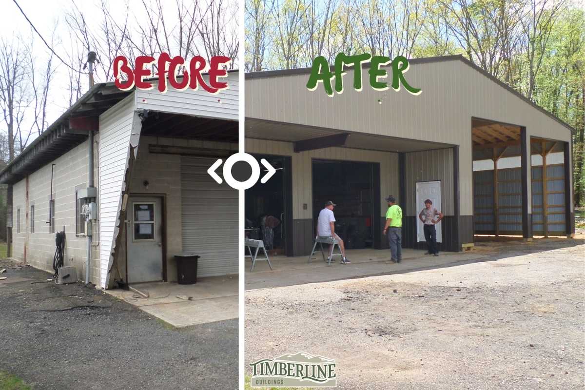 Before and after comparison showing how a Timberline pole barn garage increases property value and curb appeal