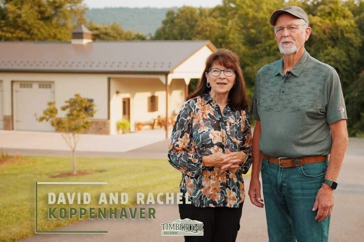 Timberline customers standing proudly in front of their new pole barn, showcasing long-term value and peace of mind