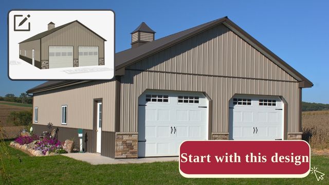 Custom residential pole garage design with double overhead doors and stone accents