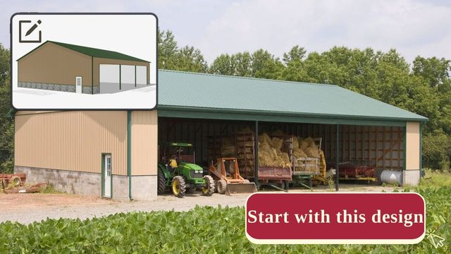 Agricultural pole building design for barn and farm storage with open bay structure