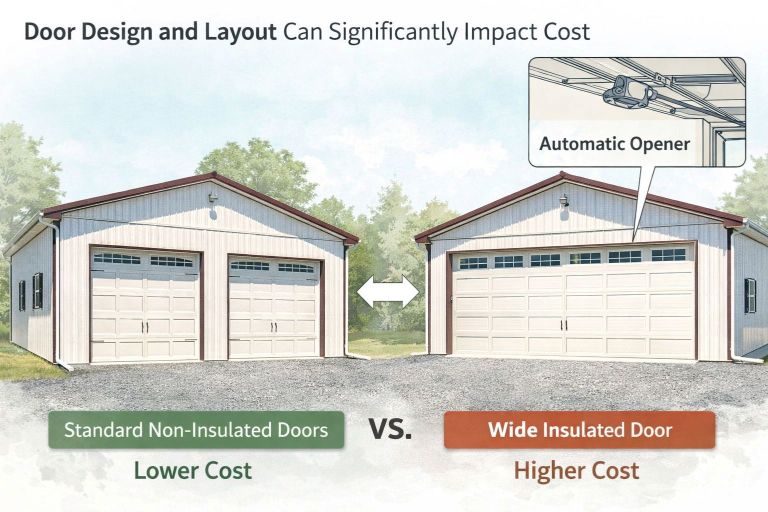 Pole barn door layout comparison showing standard versus wide insulated doors