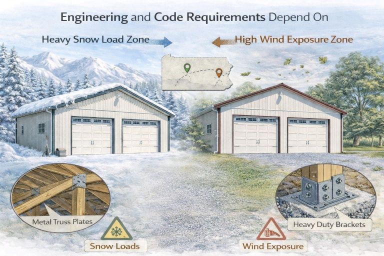 Post-frame engineering requirements based on snow load and wind exposure zones