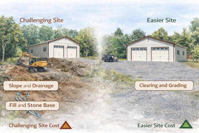 Site conditions comparison showing challenging versus easy pole barn construction sites