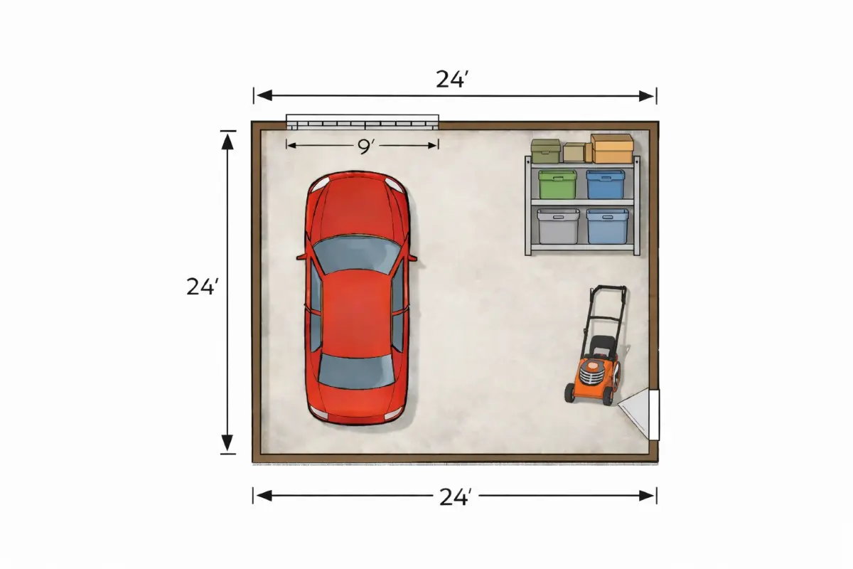 Small garage layout designed for one vehicle and basic storage