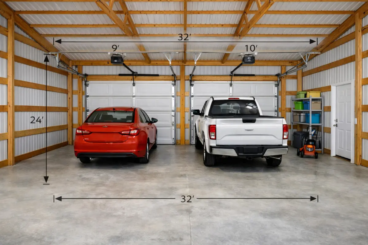 Standard two-car pole barn garage with open interior layout and vehicle storage