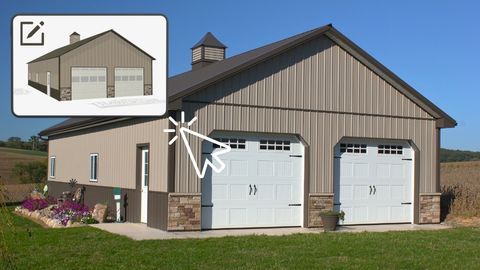 620-Residential Pole Garage Design – Customize & Request a Quote Custom residential pole garage design with double overhead doors and stone accents