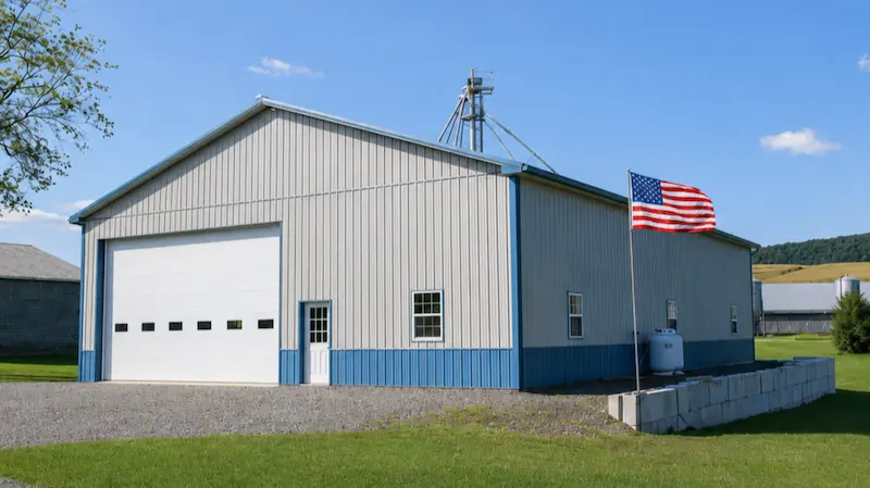 50x70 farm shop building exterior with large overhead doors and post-frame construction