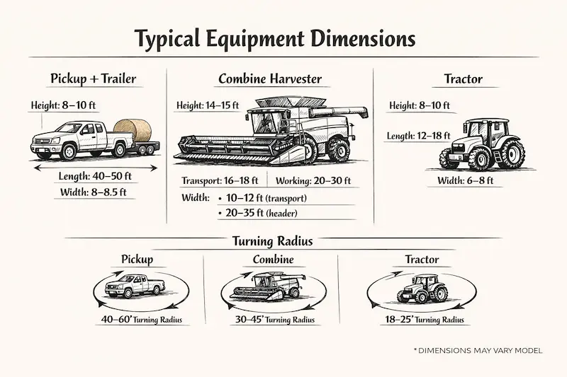 farm equipment turning radius and dimensions chart farm equipment dimensions and turning space chart
