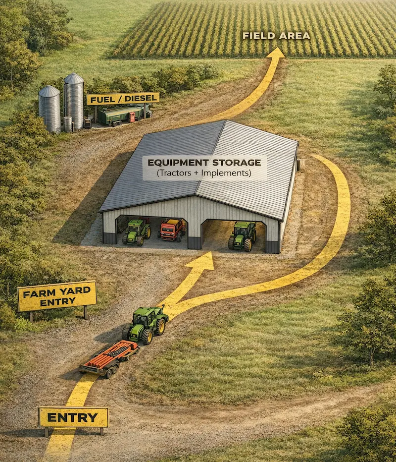 farm equipment movement flow between field silo and pole barn