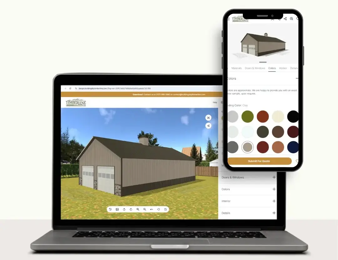 3D Pole Barn Design Tool Preview Customize Your Building Online 3D pole barn design tool shown on laptop and mobile with customization options and building preview