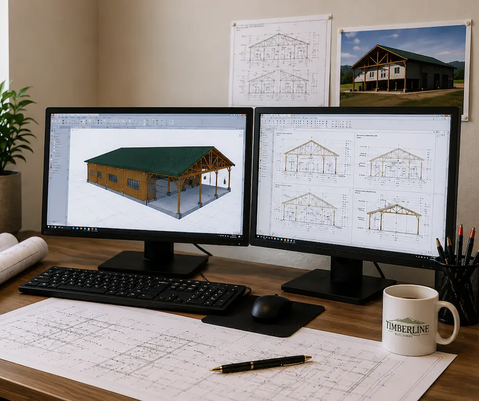 Construction draftsman workstation with post-frame building plans and 3D building design on dual monitors at Timberline Buildings