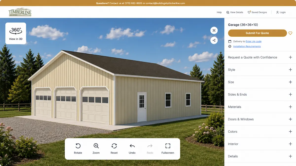 120-36′ x 36′ Light Stone Pole Building with Bronze Roof and White Trim (3D Design) 36x36 light stone pole barn with bronze roof, white trim, three garage doors with windows, entry door, and shutters