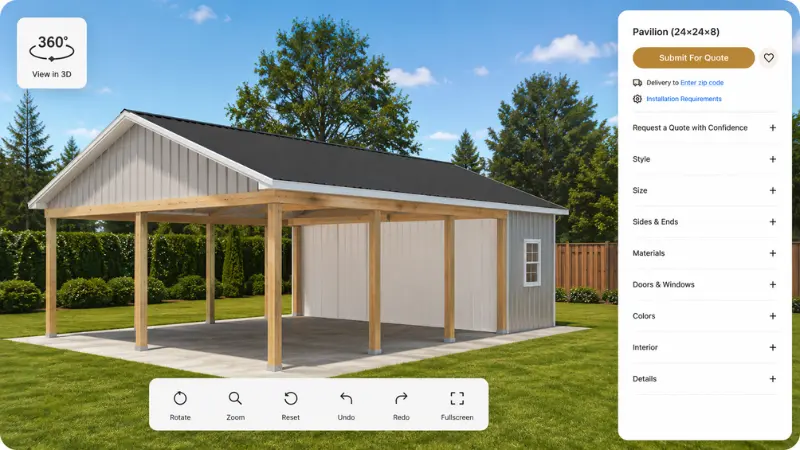24x32 Pavilion Pole Building 3D Design Tool Preview 3D pavilion pole building design tool preview showing customizable post frame building layout and material options