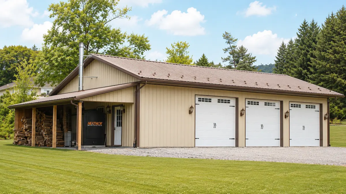 Pole Building Storage for Boats and ATV 32x48 light stone pole barn with brown roof and trim, 3 carriage-style garage doors, lean-to with enclosed wall, and cantilever