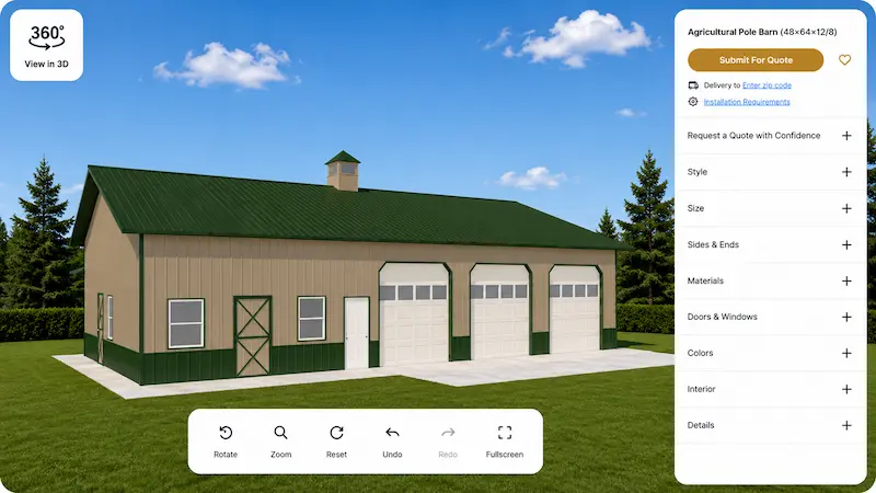 3D design tool preview of a 48x64x12/8 hobby farm barn with green metal roof, tan siding, cupola, and three overhead garage doors by Timberline Buildings