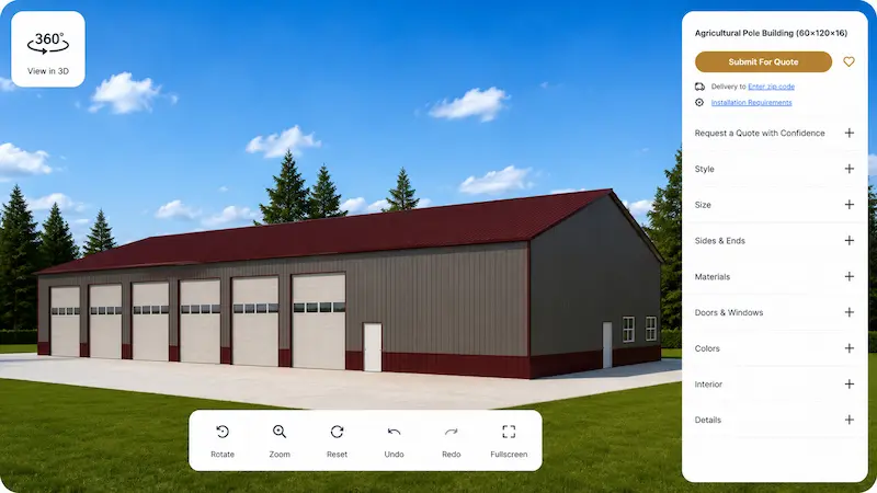 3D design tool preview of a 60x120x16 farm storage building with multiple overhead doors, gray metal siding, and red roof by Timberline Buildings