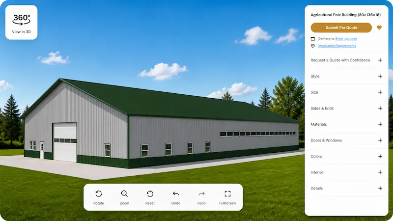 3D design tool preview of an 80x200x16 farm machinery storage with green roof, white metal siding, and large overhead door by Timberline Buildings