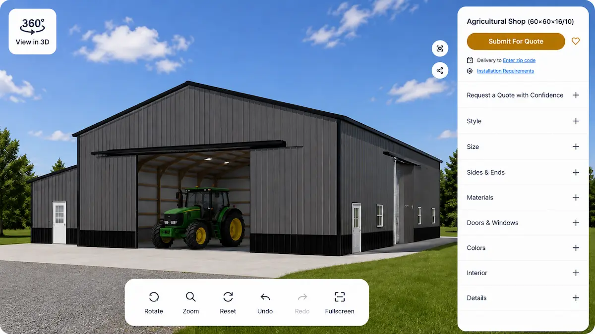 3D design tool preview of a 60x60x16/10 agricultural shop building with dark gray metal siding, black trim, large sliding shop door, and tractor inside by Timberline Buildings
