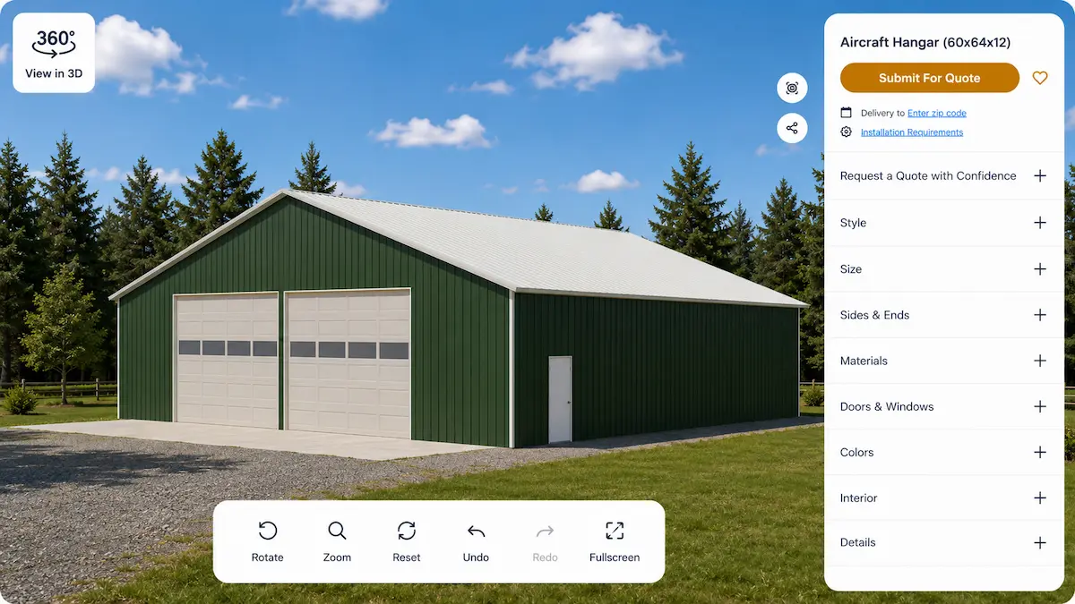 406-Aircraft Hangar Design Tool 60x64x12 Post Frame Hangar 3D design tool preview of a 60x64x12 aircraft hangar with green metal siding, white roof panels, and dual overhead hangar doors by Timberline Buildings