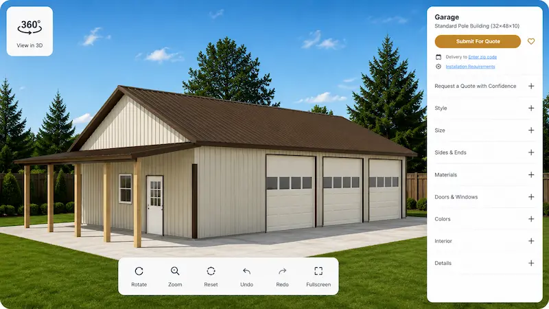 3D design tool preview of a 32x48x10 garage pole building with covered porch, three garage doors, tan metal siding, and brown roof by Timberline Buildings