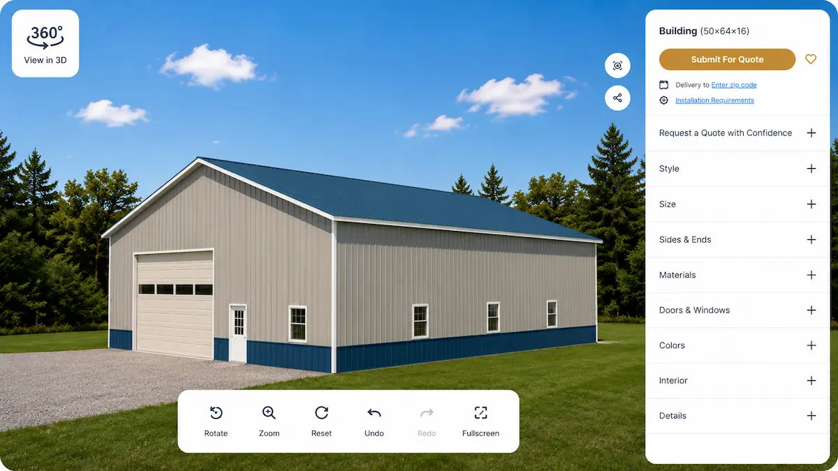 3D design tool preview of a 50x64x16 farm shop building with blue roof, white metal siding, overhead garage door, and blue wainscot by Timberline Buildings