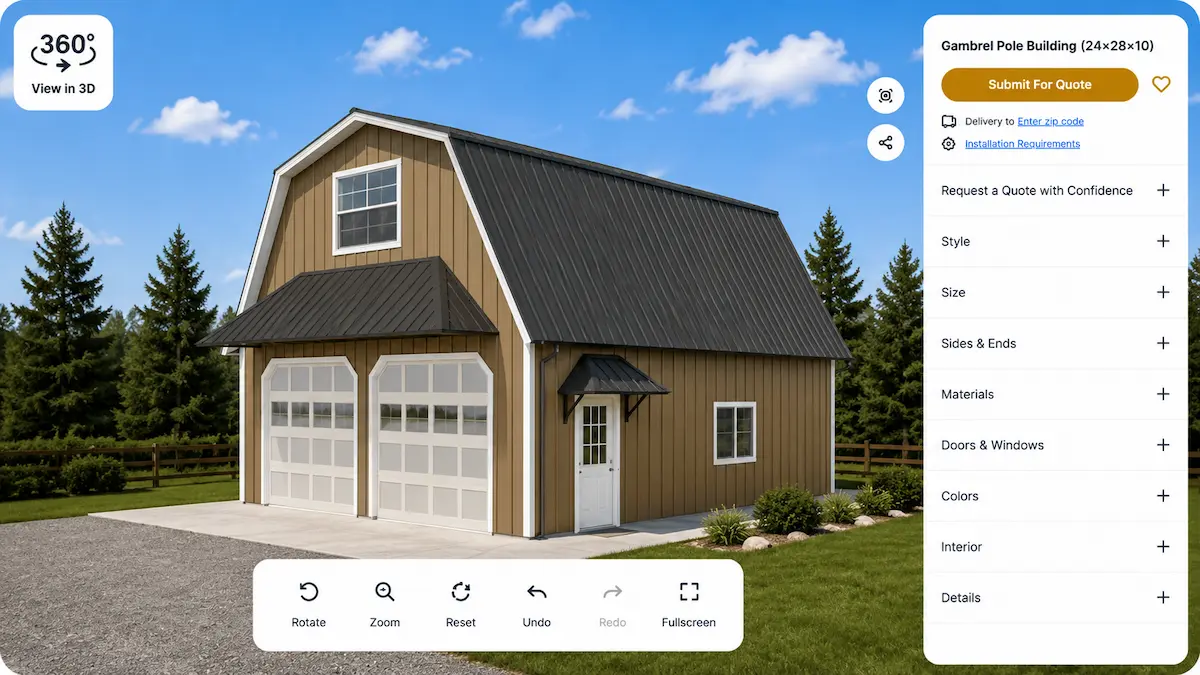 Gambrel Pole Building Design Tool 24x28x10 Barn Style Garage 3D design tool preview of a 24x28x10 gambrel pole building with tan metal siding, black gambrel roof, loft area, and two overhead garage doors by Timberline Buildings