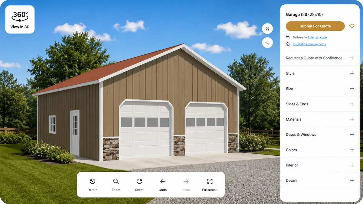 3D design tool preview of a 26x28x10 garage pole building with tan metal siding, white trim, stone wainscot, and two overhead garage doors by Timberline Buildings